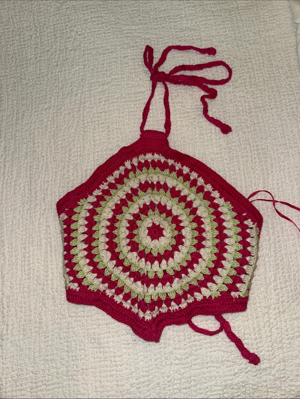 Crocheted Halter Top — Hot Pink, Green, Cream